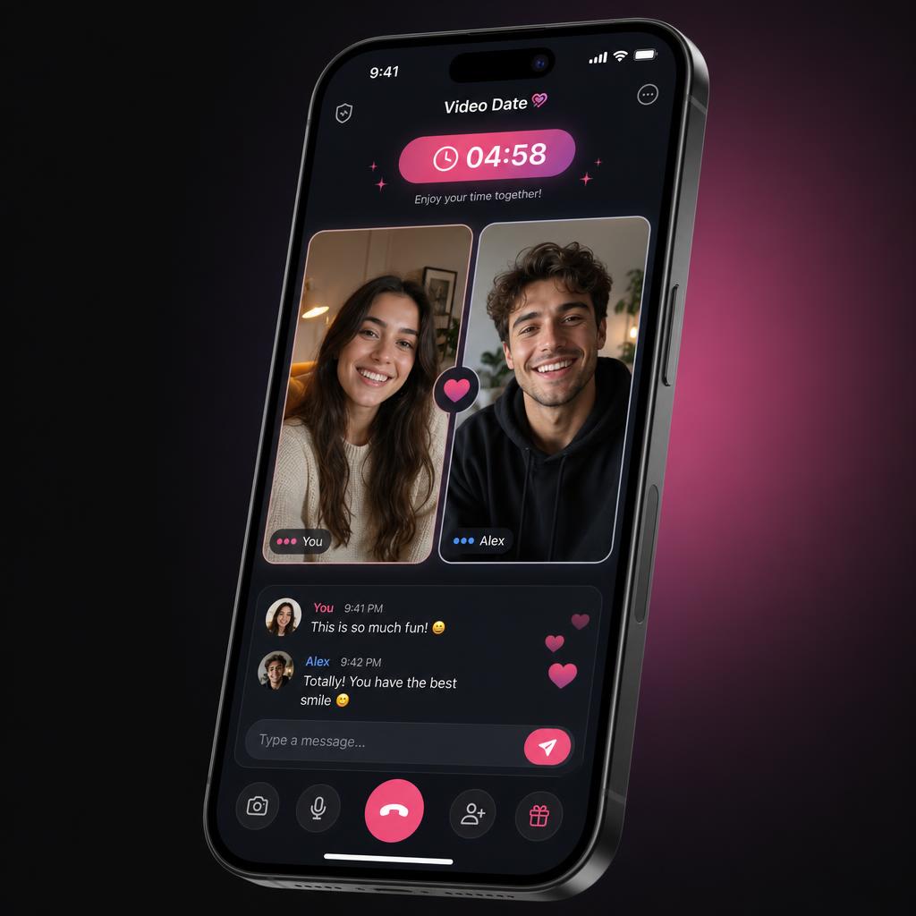 The Match24/7 video date screen: two people on a live five-minute date with a countdown timer and chat