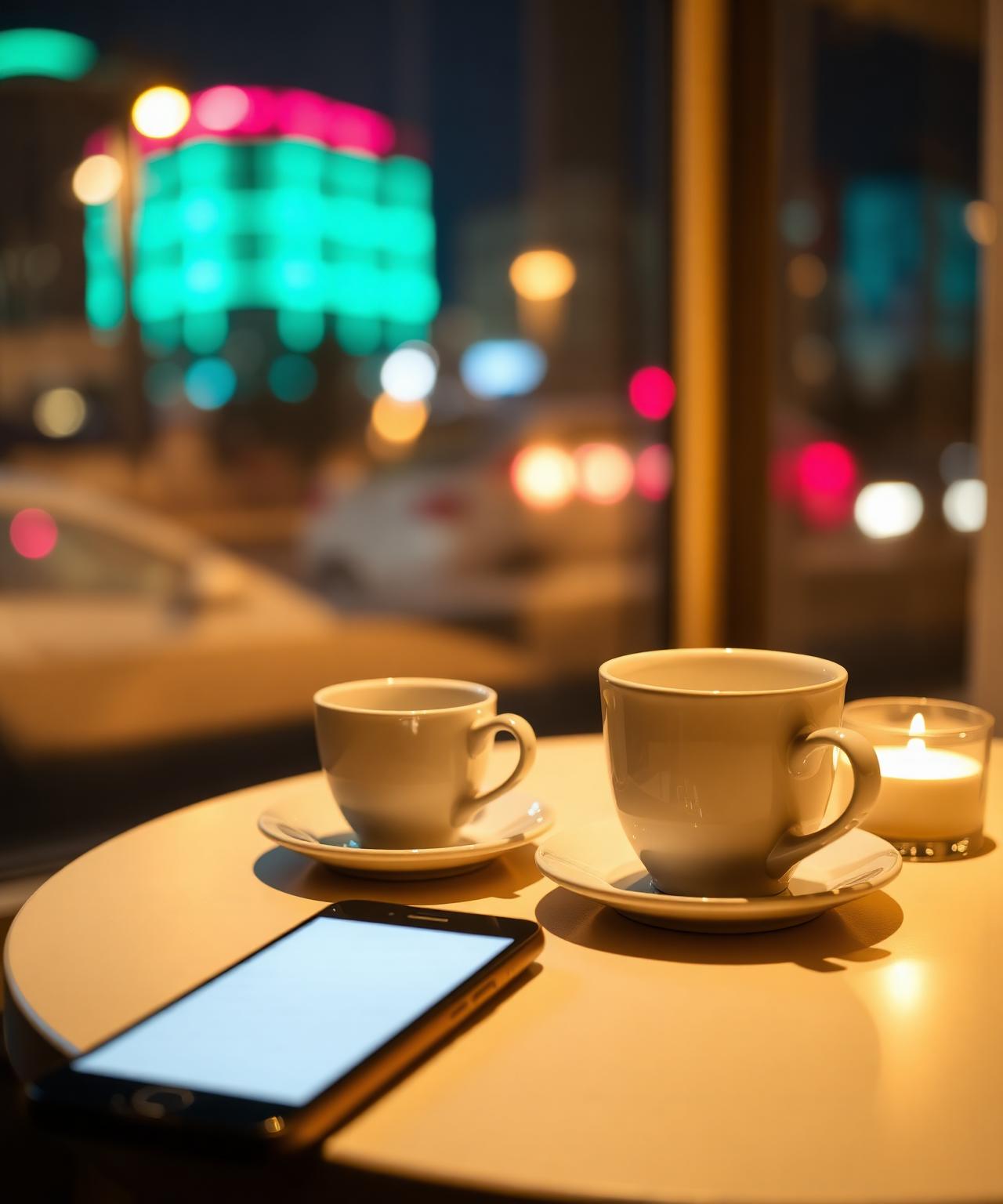 Two coffee cups waiting on a city cafe table at night